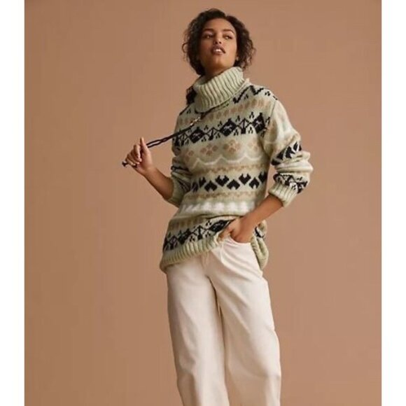 Anthropologie Fair Isle Nordic Mint Green Turtleneck Tunic Sweater Dress XL - Picture 1 of 9